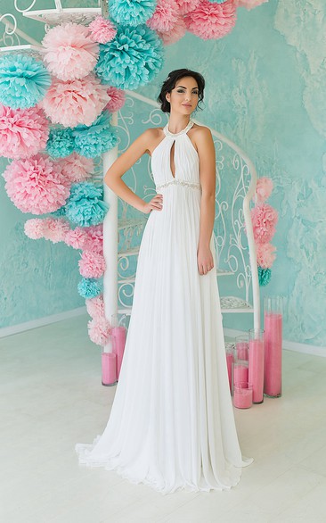 A-Line Long High-Neck Sleeveless Backless Chiffon Dress With Pleats And Beading