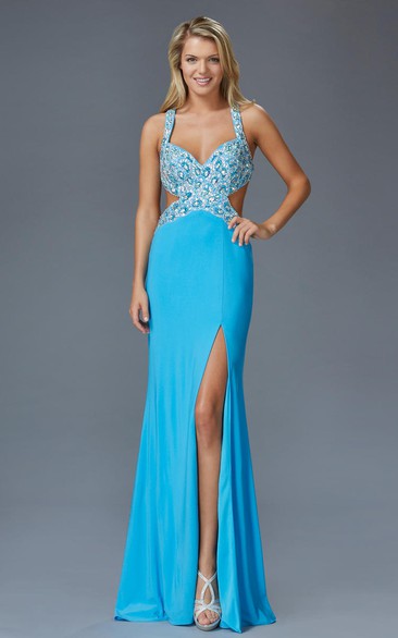 Sheath Long Sleeveless Jersey Straps Dress With Split Front And Beading