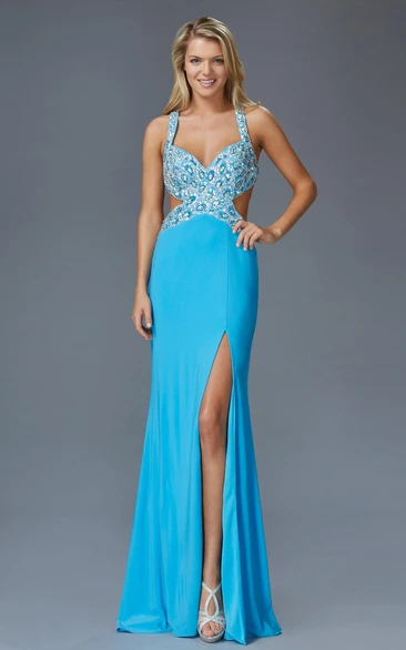 Sheath Long Sleeveless Jersey Straps Dress With Split Front And Beading