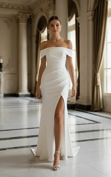 Off-the-Shoulder High Slit Satin Evening Dress