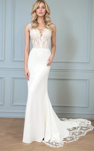 Elegant Lace & Satin Fit-and-Flare Wedding Dress with Train