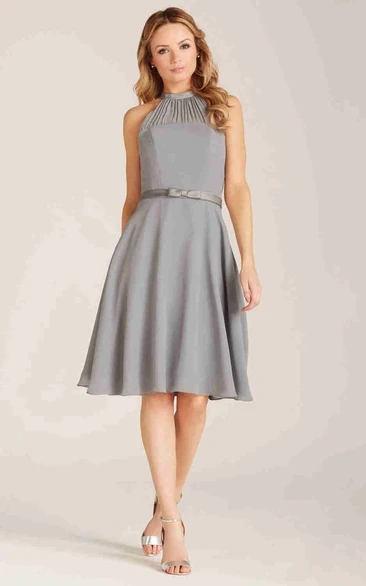 A-Line High Neck Sleeveless Knee-Length Chiffon Bridesmaid Dress With Bow And Zipper