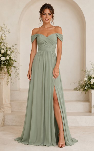 Sage Off-the-Shoulder A-Line Chiffon Bridesmaid Dress with Front Split