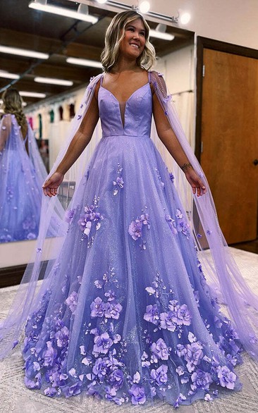 Lavender Floral Ball Gown with Cape