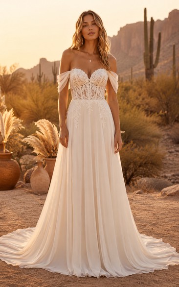 Country Simple A-Line Wedding Dress Off Shoulder Sweetheart Lace Chiffon Floor Length Sweep Train Ivory