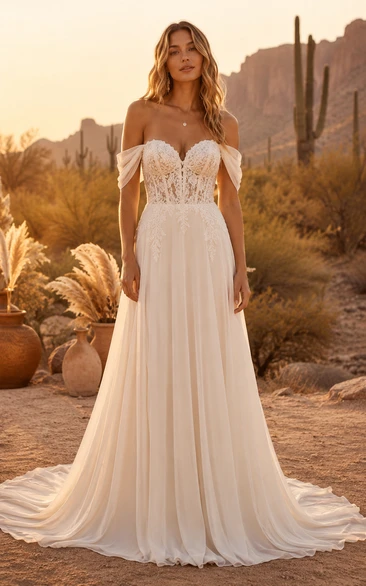 Country Simple A-Line Wedding Dress Off Shoulder Sweetheart Lace Chiffon Floor Length Sweep Train Ivory