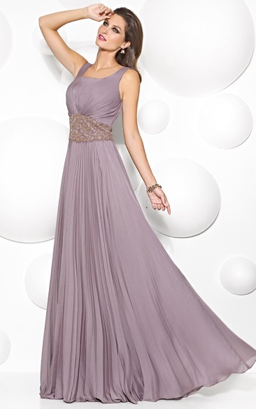 A-Line Square-Neck Long Sleeveless Jeweled Chiffon Prom Dress With Pleats