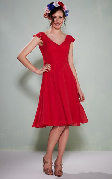 Knee-Length Cap Sleeve V-Neck Chiffon Bridesmaid Dress