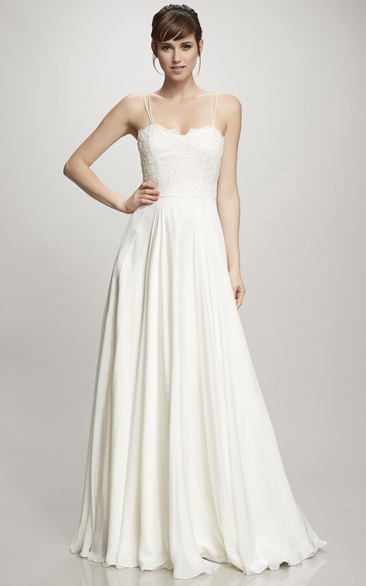 Spaghetti Long Pleated Chiffon Wedding Dress With Appliques