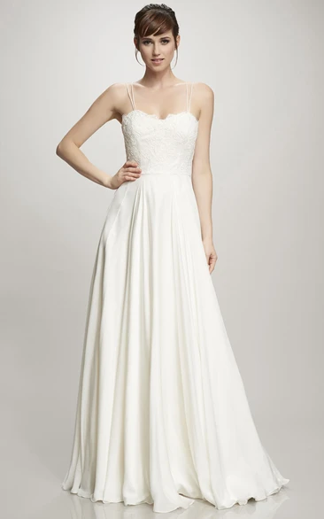 Spaghetti Long Pleated Chiffon Wedding Dress With Appliques