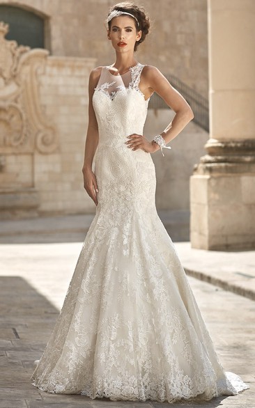 Mermaid Sleeveless Scoop-Neck Appliqued Floor-Length Lace Wedding Dress