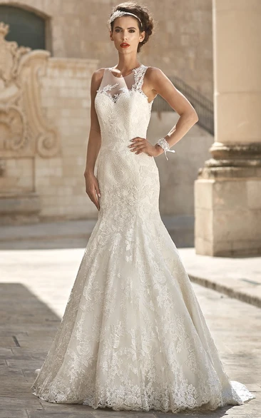 Mermaid Sleeveless Scoop-Neck Appliqued Floor-Length Lace Wedding Dress