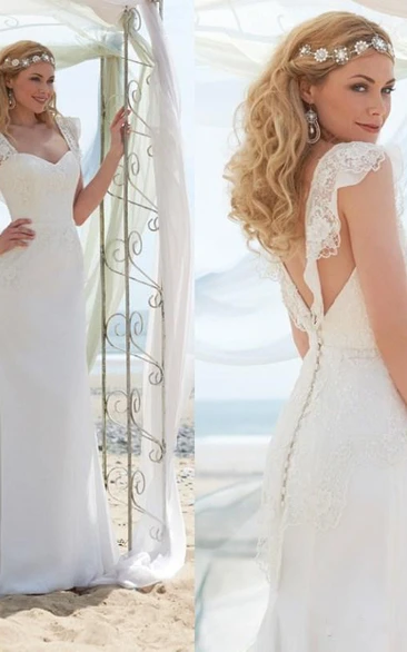 Romantic Cap Sleeve White Wedding Dress Zipper Button Back