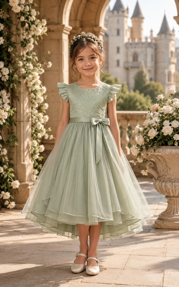Tea-length Sage Flutter Sleeve Tulle Flower Girl Dress with Bow