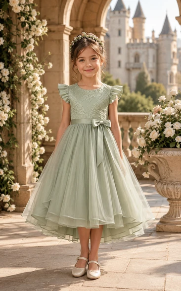 Tea-length Sage Flutter Sleeve Tulle Flower Girl Dress with Bow