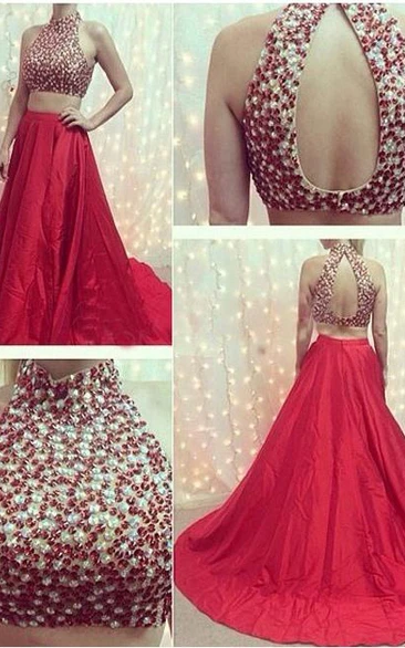 Two Pieces A-Line High Neck Beading Court Train Prom Dress