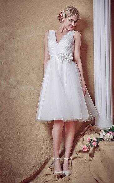 Glam Lovely Sleeveless V-neck Belted Short Wedding Dress