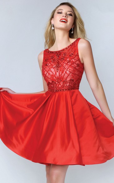 A-Line Mini Scoop-Neck Sleeveless Satin Low-V Back Dress With Beading And Lace