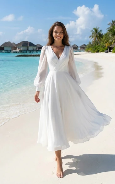 Beach Wedding Dress Chiffon A-Line V-Neck Long Sleeve Tea Length Bridal Gown