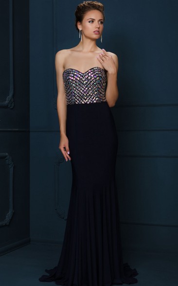 Sheath Sleeveless Sweetheart Crystal Chiffon Evening Dress With Brush Train