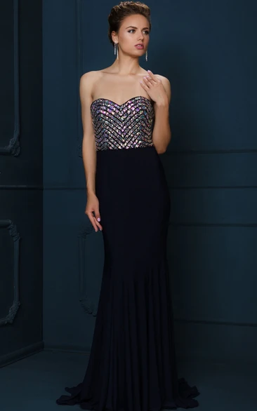 Sheath Sleeveless Sweetheart Crystal Chiffon Evening Dress With Brush Train