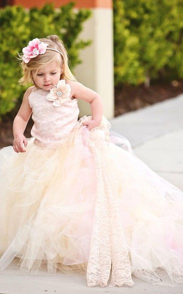 Lovely Sleeveless Tulle Flower Girl Dress With Long Train and Flowers