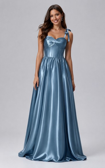 Satin Prom Dress in Steel Blue, Spaghetti Strap, Sweetheart A-Line Floor-Length Gown with Bow(s) and Pleats