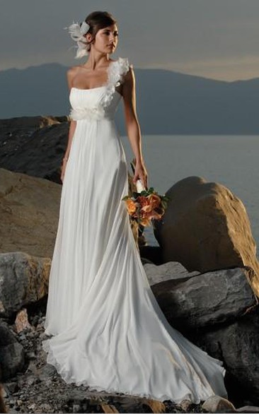 sheath One Shoulder Hand Made Flowers Chiffon Wedding Dress