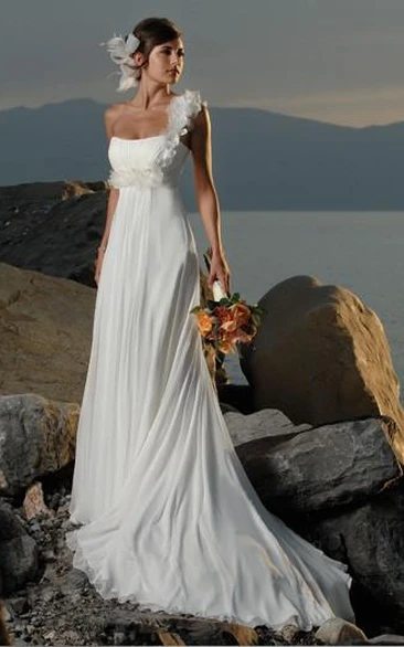 sheath One Shoulder Hand Made Flowers Chiffon Wedding Dress