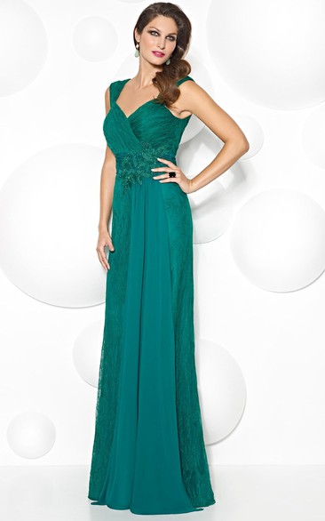 Floor-Length Criss-Cross Queen Anne Lace Prom Dress With Appliques