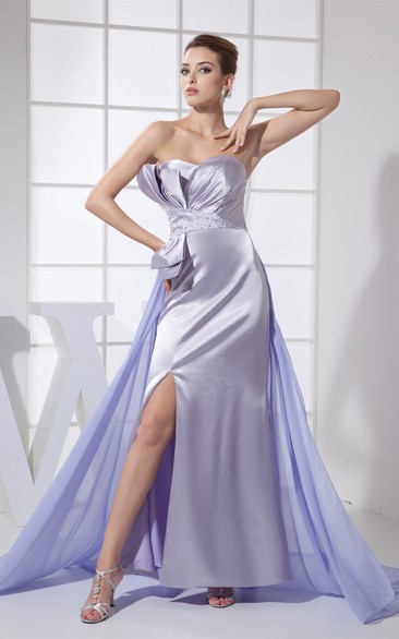 Layered Ruched Sweetheart Ankle Length Satin Dress With Side Zipper and Beadings