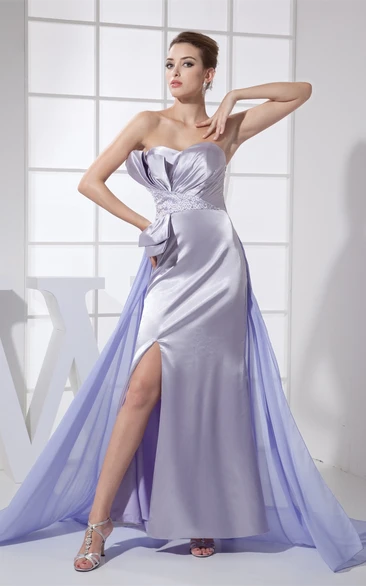 Layered Ruched Sweetheart Ankle Length Satin Dress With Side Zipper and Beadings