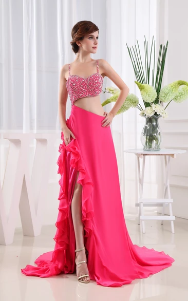 Chiffon Beaded Spaghetti-Strap Dress With Ruffles and Sweep Train