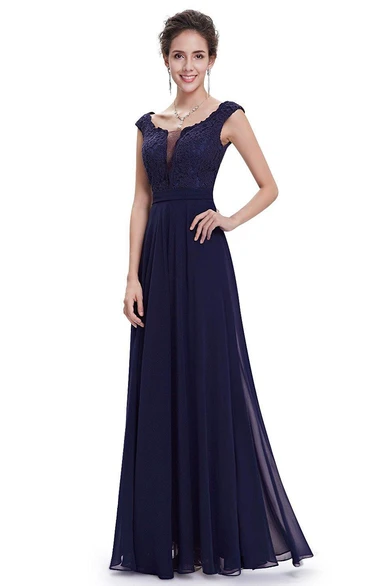 Cap-sleeved A-line Floor-length Chiffon Dress with Lace Bodice