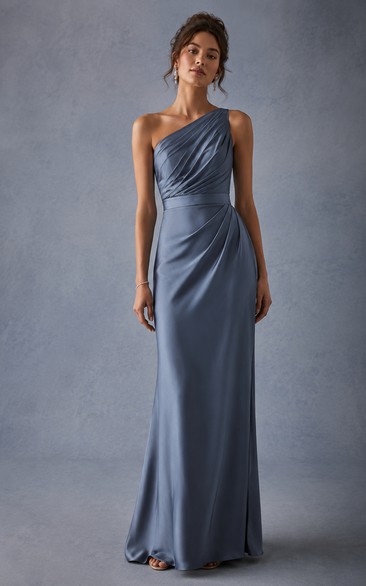 Steel Blue One-Shoulder Charmeuse Sheath Dress