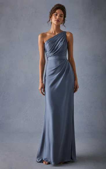 Steel Blue One-Shoulder Charmeuse Sheath Dress