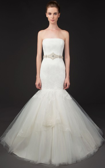 Mermaid Ruffled Strapless Sleeveless Maxi Lace&Tulle Wedding Dress With Deep-V Back And Waist Jewellery