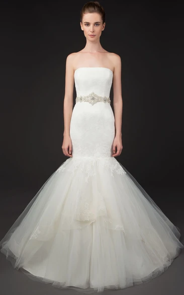 Mermaid Ruffled Strapless Sleeveless Maxi Lace&Tulle Wedding Dress With Deep-V Back And Waist Jewellery