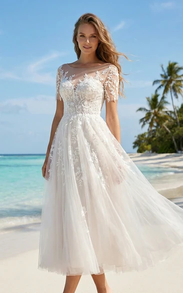 Beach Wedding Dress Lace Tulle A-Line Tea Length Illusion Short Sleeve Bridal Gown