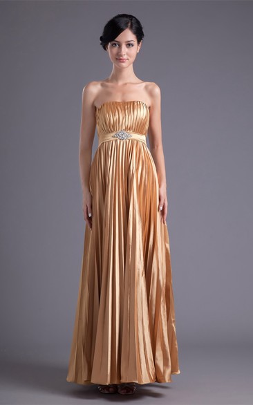 Strapless Ankle-Length Pleated Dress With Broach