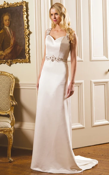 Sheath Beaded Sleeveless Straps Long Satin Wedding Dress With Illusion Back And Waist Jewellery