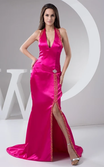 Satin Front-Split Plunged Beading and Gown With Broach