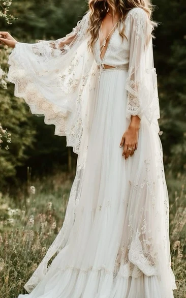 Bohemian White Lace Maxi Dress with Floral Crown