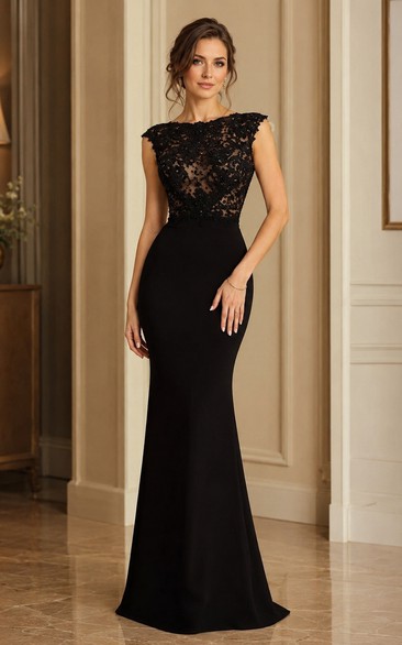 Robe de soirée sirène noire élégante sans manches, ornée d'appliques en dentelle et de perles