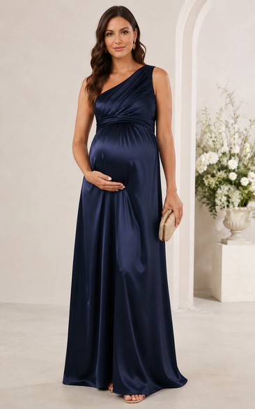 Maternity Dark Navy One-Shoulder Satin A-Line Dress