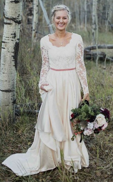 Elegant Long Sleeve Sheath Scalloped Lace And Satin Wedding Gown