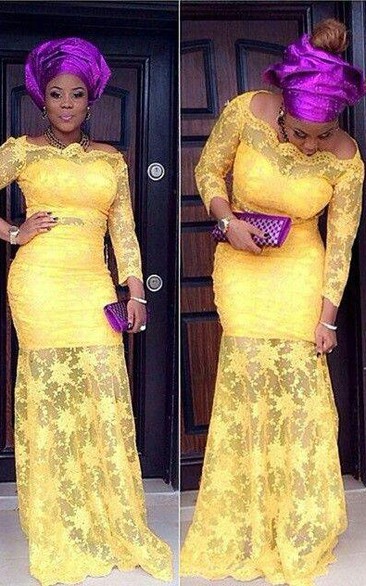 Modern Off-the-shoulder Mermaid Yellow Prom Dress Lace Long Sleeve