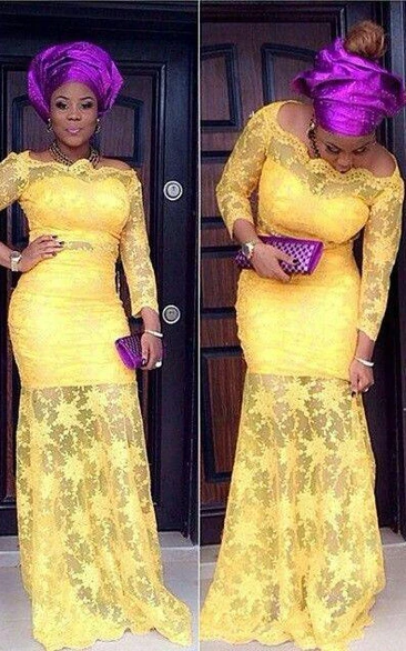 Modern Off-the-shoulder Mermaid Yellow Prom Dress Lace Long Sleeve