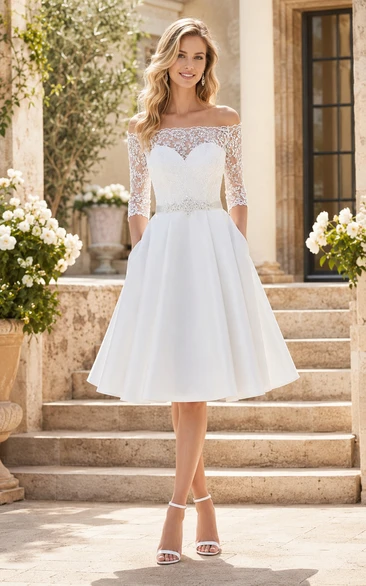White Off-the-Shoulder Lace Long Sleeve Tea-Length Wedding Dress