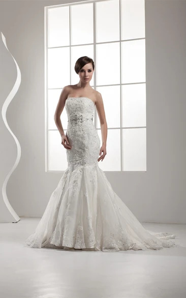 Strapless Trumpet A-Line Lace Pleats and Dress With Beading